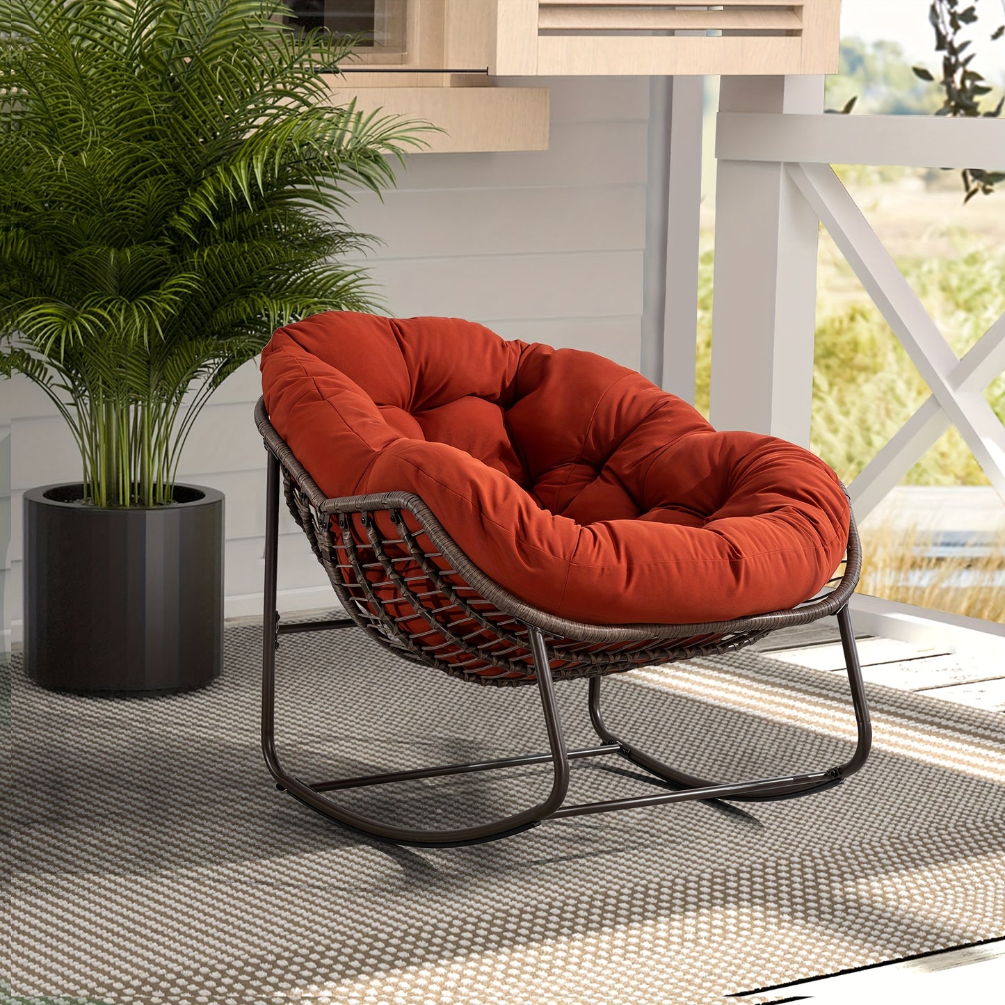 HOMEFUN Outdoor Rattan Rocking Chair with Padded Cushion - Ergonomic Recliner for Front Porch, Living Room, Patio & Garden - Durable Metal Frame, Polished Finish,