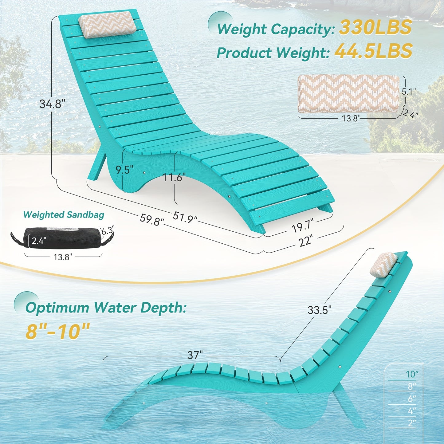 Turquoise HDPE Outdoor Chaise Lounge - Heavy-Duty Body-Hugging recliner chair with Slip-Resistant Base, Easy-Clean Surface for Poolside, Patio, Garden,