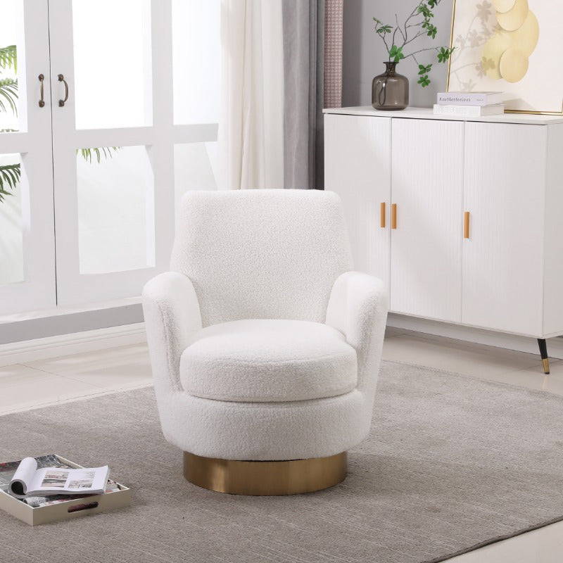 Teddy 360° Swivel Barrel Accent Chair - Plush Round Reading Armchair with Golden Stainless Steel Base, Ivory Upholstery, No Assembly Required for Living Room & Bedroom