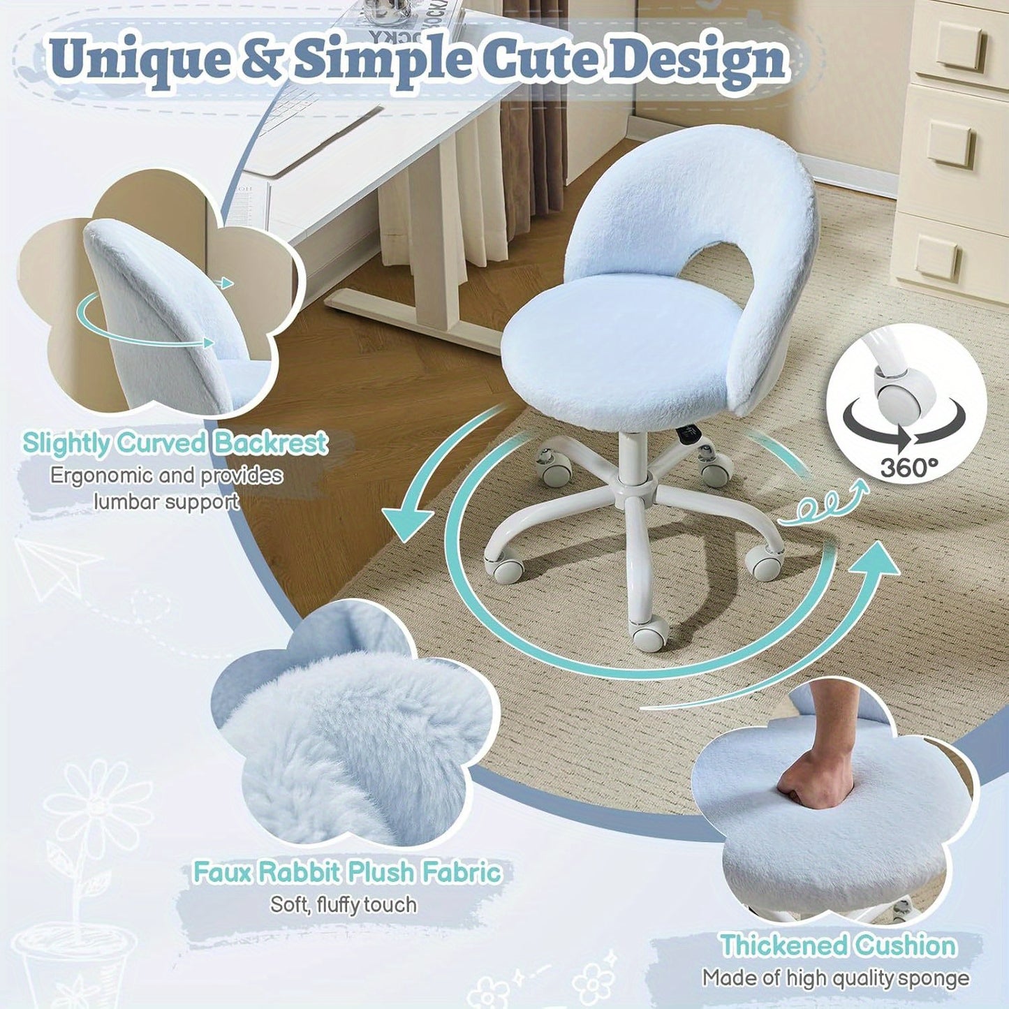 Small Size Living Room Lounge Chair with Faux Fur Cute Dressing Chair, Adjustable Height Armless Desk Chair, 360° Rotation and Comfortable Rolling, Suitable for Study,