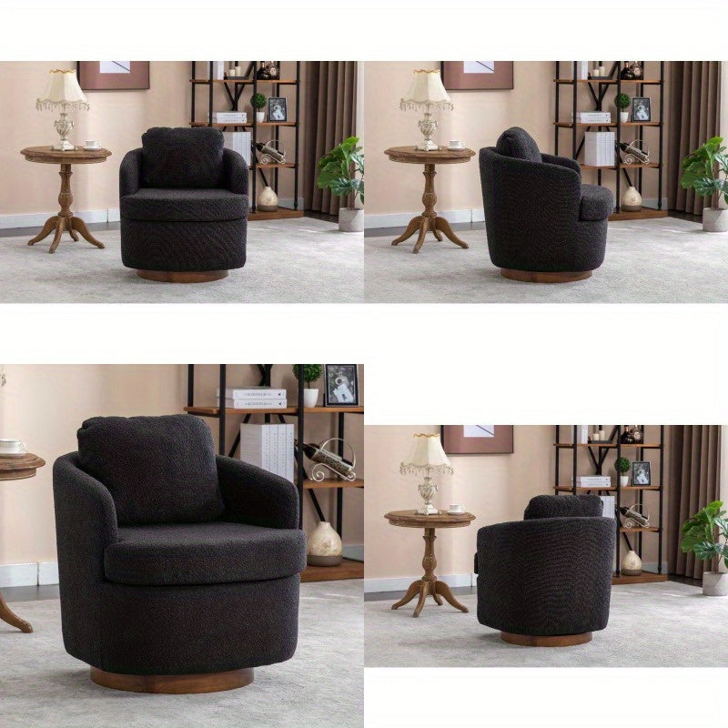Modern Boucle Fabric Swivel Accent Chair - Black Upholstery, 360-Degree Swivel & Ergonomic Design, No Assembly Required, Solid Brown Base Legs for Living Room,