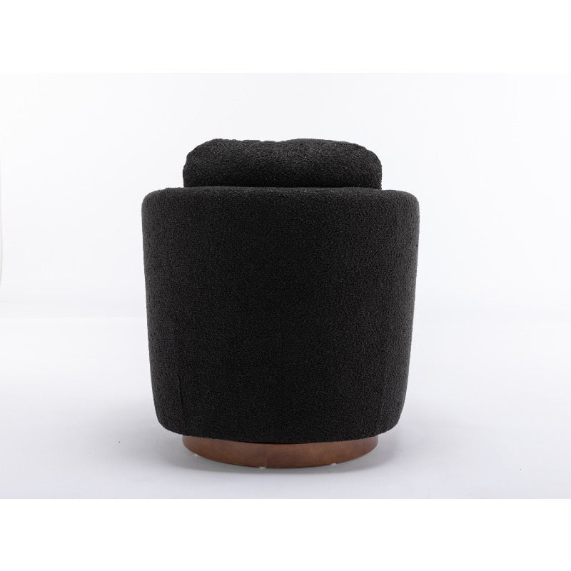 Modern Boucle Fabric Swivel Accent Chair - Black Upholstery, 360-Degree Swivel & Ergonomic Design, No Assembly Required, Solid Brown Base Legs for Living Room,