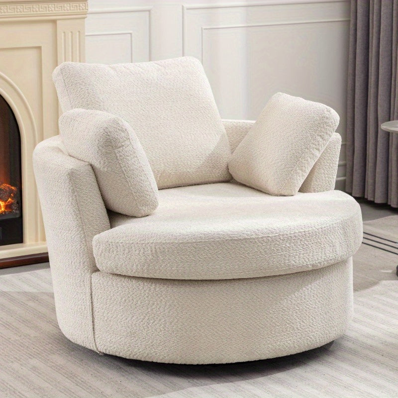 Extra Large 360° Swivel Chair - Cozy Club Style with 3 Pillows, Beige Fabric, Round Design for Living Room, Lounge, or Hotel Use, 40.2D X 42.1W X 34.3H Inch,