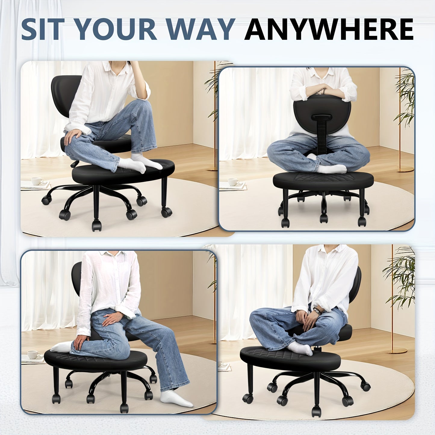 Ergonomic Cross-Legged Chair Kerdom Ergonomic Adjustable Height Cross-Legged Chair | 360° Swivel & 5-Wheel Rolling Base, Soft Padded Comfort for Home Office,