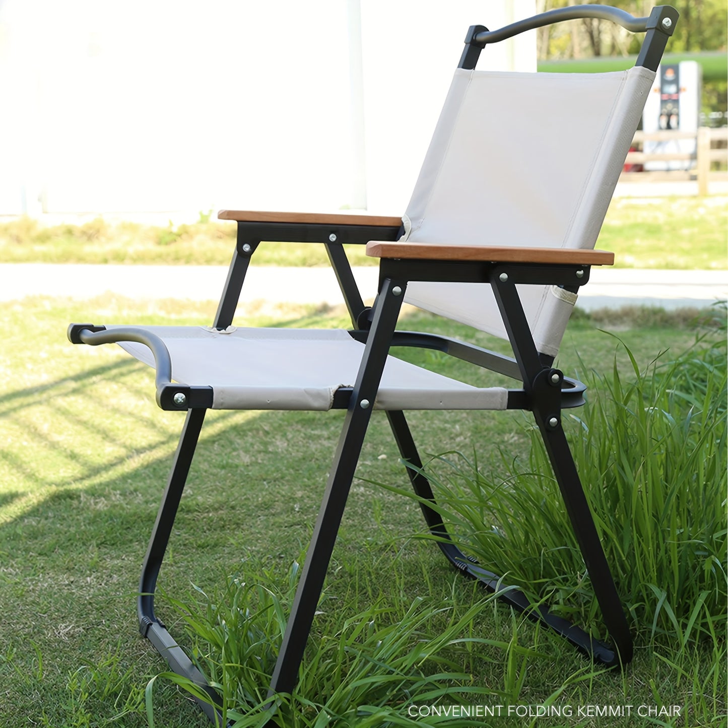 Portable Folding Chair - Lightweight And Durable, Suitable for Camping, Picnics And Outdoor Relaxation, Beige Fabric Seat with Black Metal Frame, Fishing Chair,