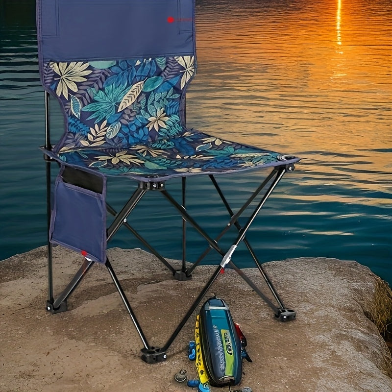 Portable Folding Camping Chair with Floral Backrest & Side Pockets - Lightweight Steel Frame, Durable Oxford Fabric, Compact Foldable Design for Outdoor Fishing,