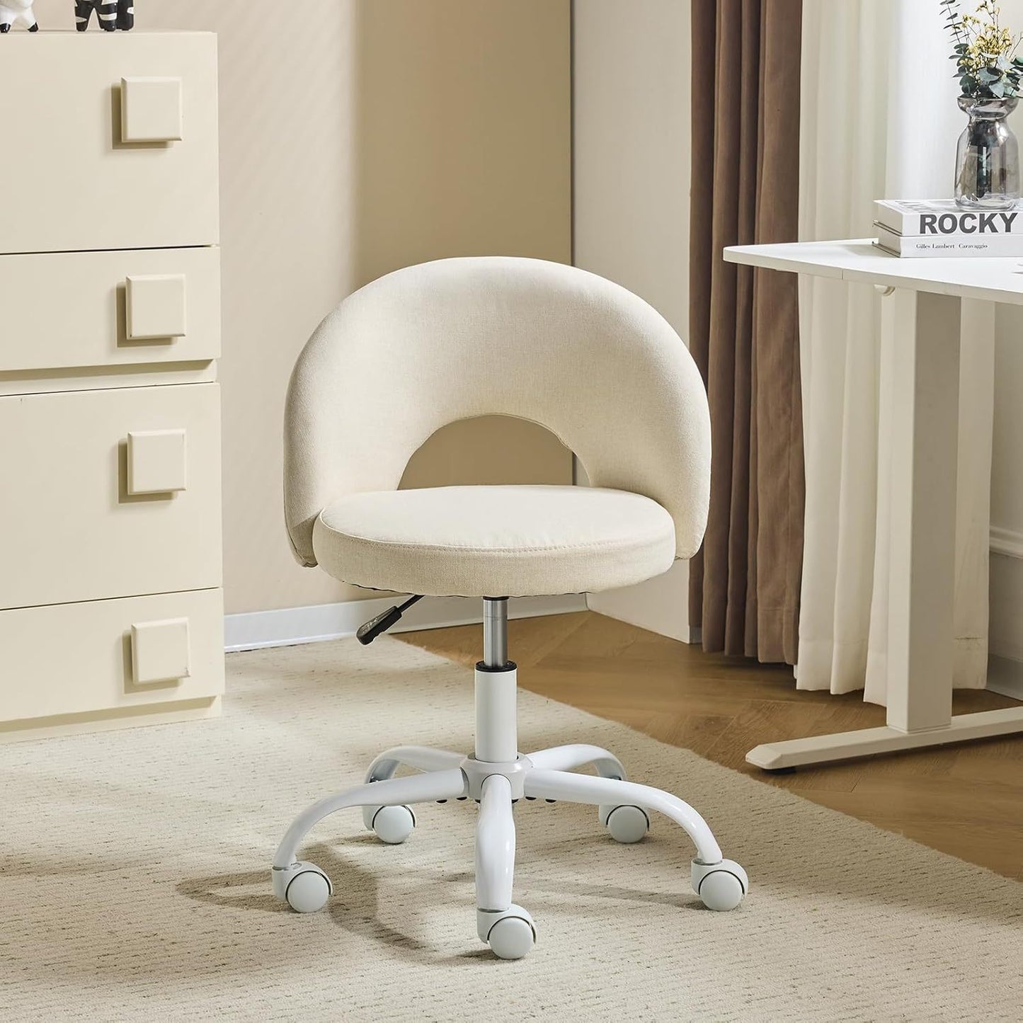 Small Size Living Room Lounge Chair with Faux Fur Cute Dressing Chair, Adjustable Height Armless Desk Chair, 360° Rotation and Comfortable Rolling, Suitable for Study,