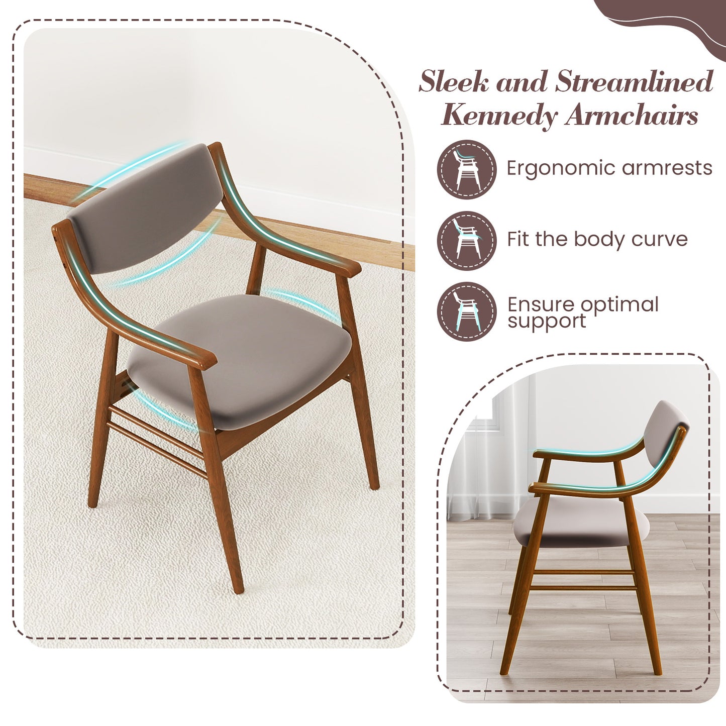 LIFEZEAL Velvet Dining Chair Set of 2 w\u002FPadded Seat & Back Armrests Rubber Wood Frame
