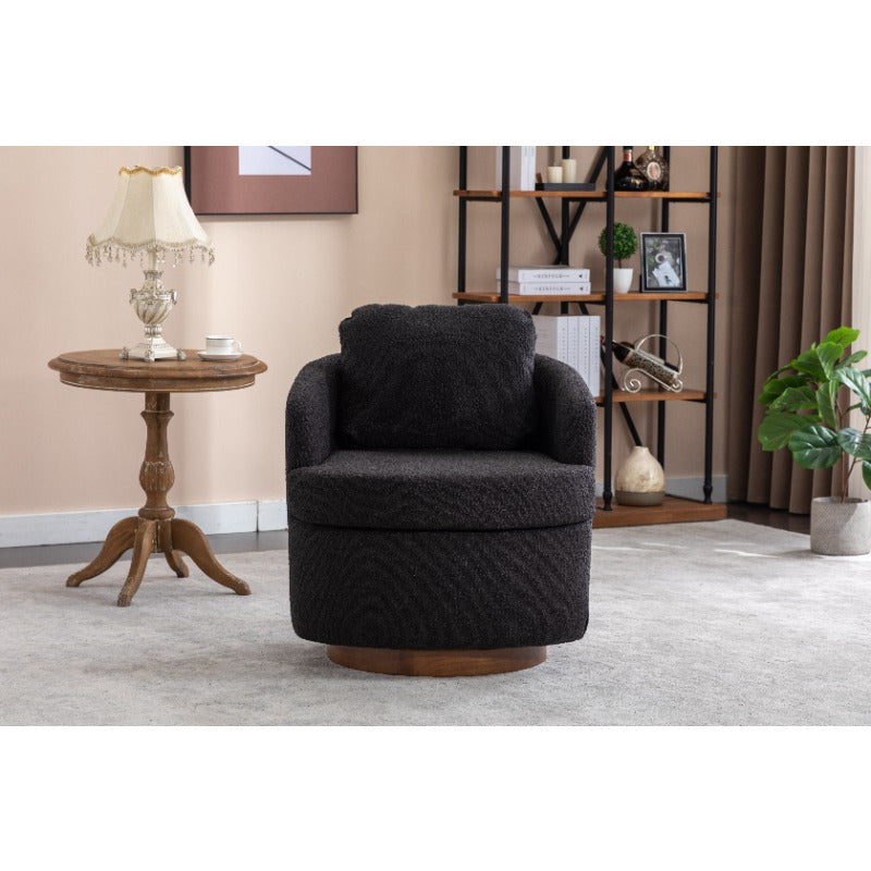 Modern Boucle Fabric Swivel Accent Chair - Black Upholstery, 360-Degree Swivel & Ergonomic Design, No Assembly Required, Solid Brown Base Legs for Living Room,