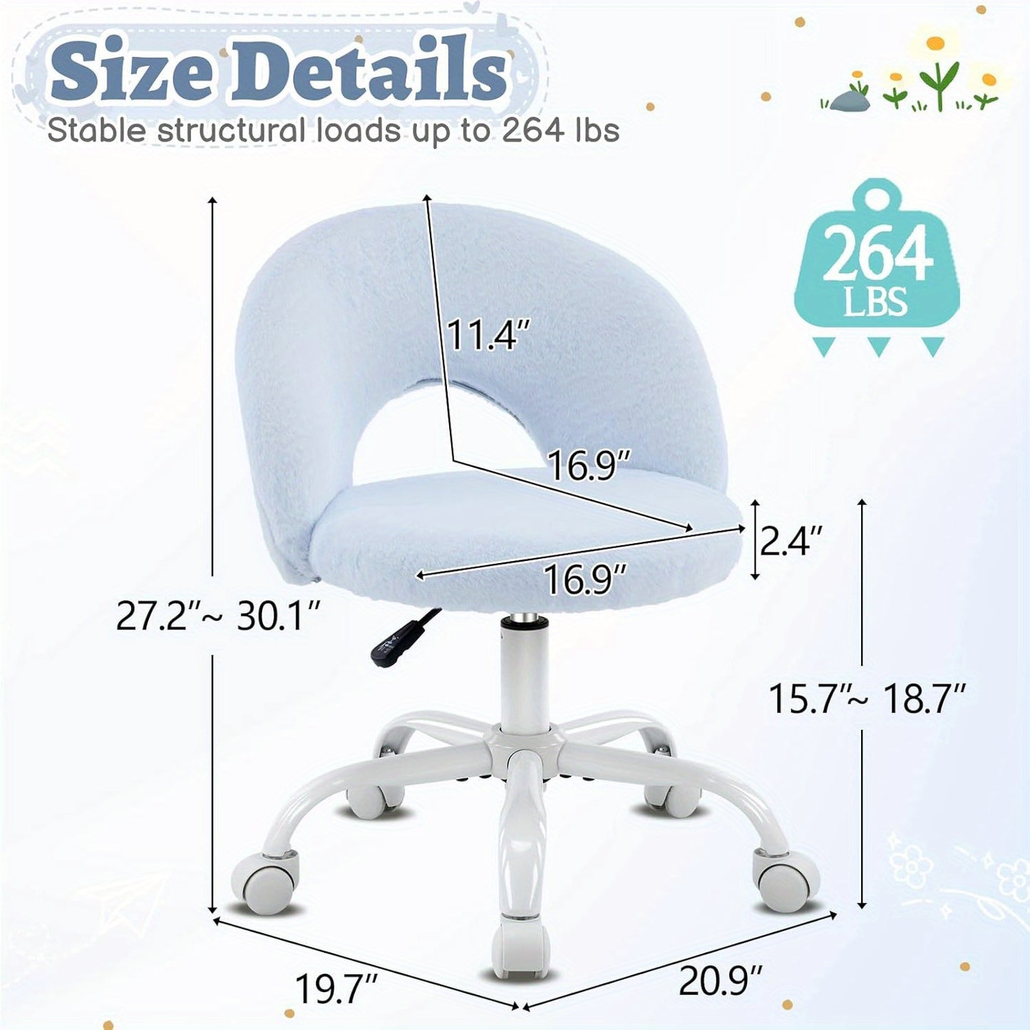 Small Size Living Room Lounge Chair with Faux Fur Cute Dressing Chair, Adjustable Height Armless Desk Chair, 360° Rotation and Comfortable Rolling, Suitable for Study,