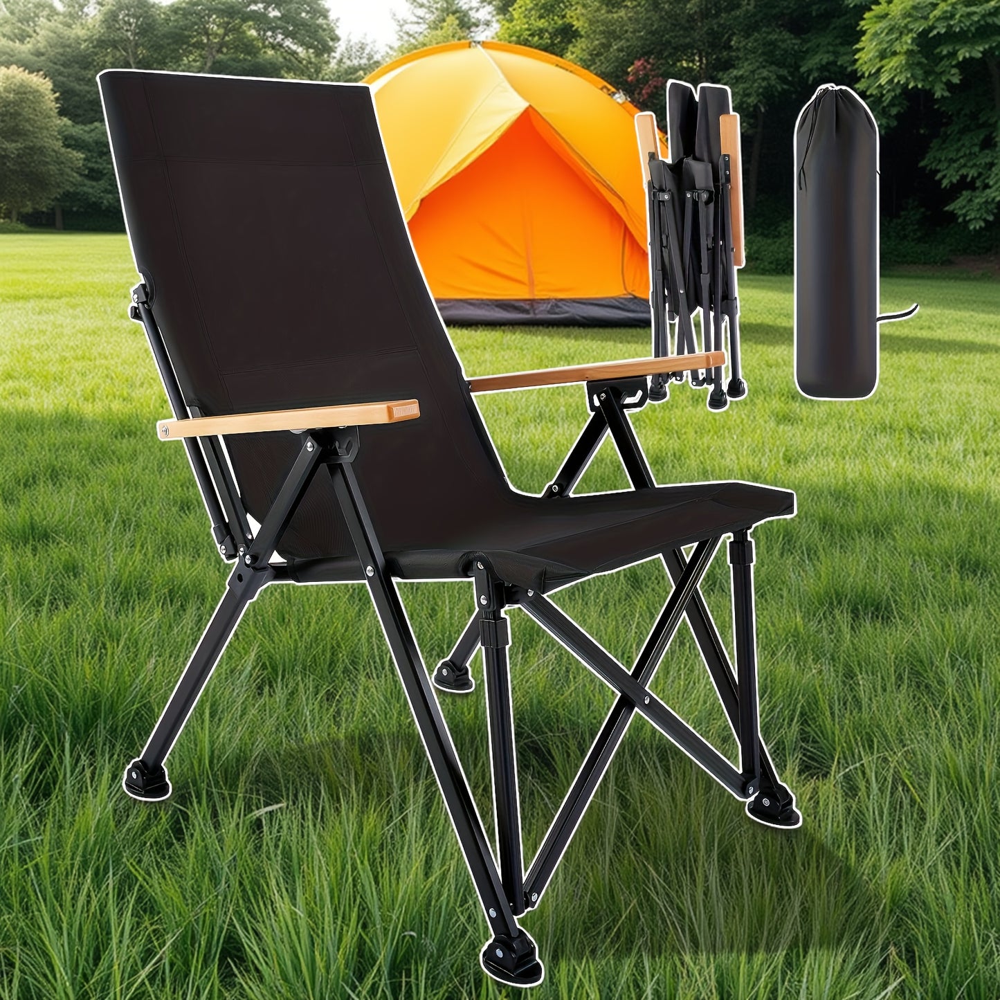 Portable Folding Camping Chair with Armrests - Lightweight Outdoor Beach & Picnic Chair, Ergonomic Design, Durable Black Frame & Orange Accents,