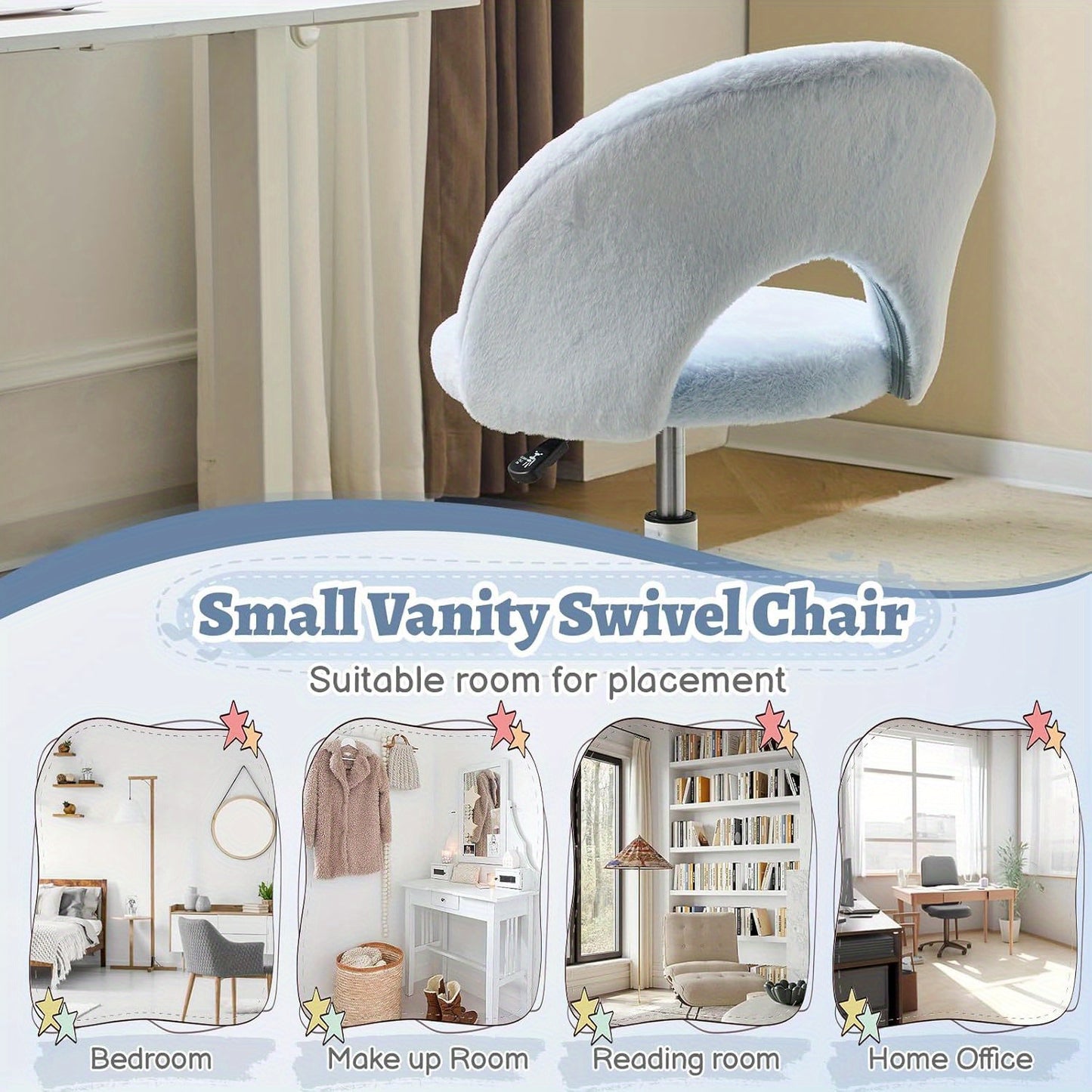 Small Size Living Room Lounge Chair with Faux Fur Cute Dressing Chair, Adjustable Height Armless Desk Chair, 360° Rotation and Comfortable Rolling, Suitable for Study,