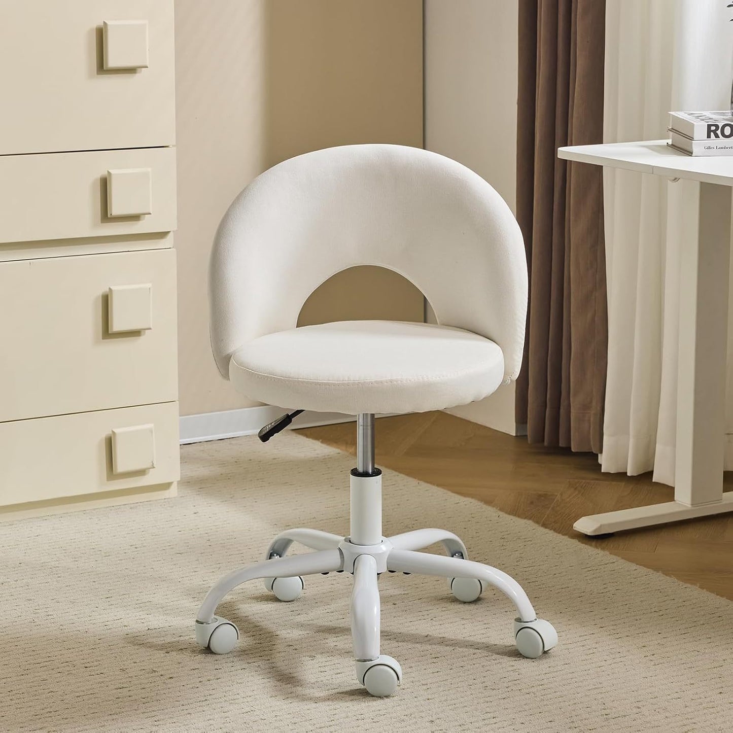 Small Size Living Room Lounge Chair with Faux Fur Cute Dressing Chair, Adjustable Height Armless Desk Chair, 360° Rotation and Comfortable Rolling, Suitable for Study,