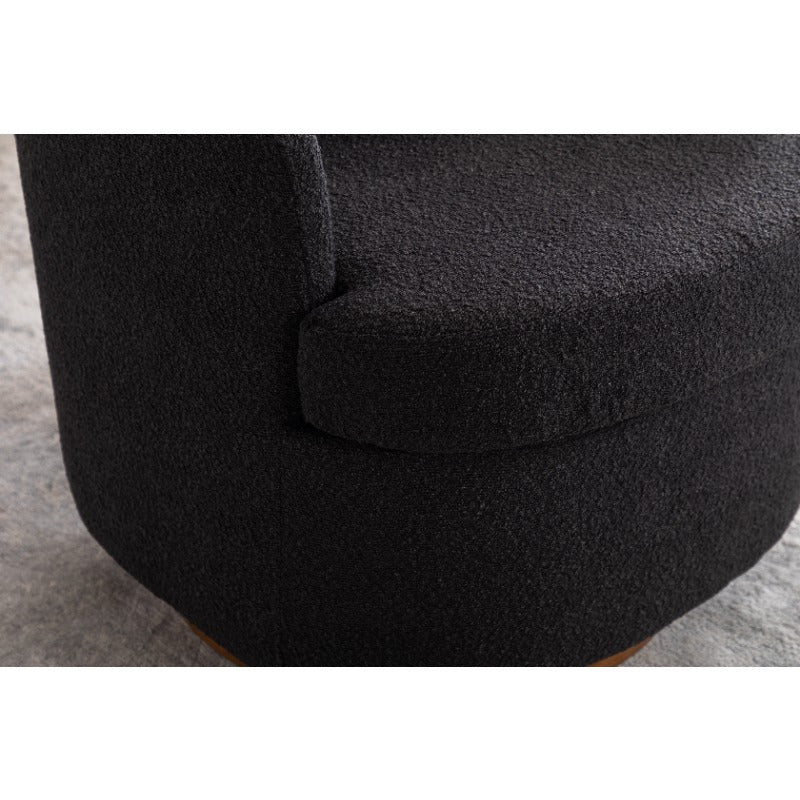 Modern Boucle Fabric Swivel Accent Chair - Black Upholstery, 360-Degree Swivel & Ergonomic Design, No Assembly Required, Solid Brown Base Legs for Living Room,