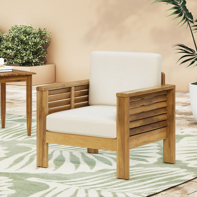 Outdoor Acacia Wood Club Chairs with Cushions Teak+Beige 27.75D x 32W x 27.75H