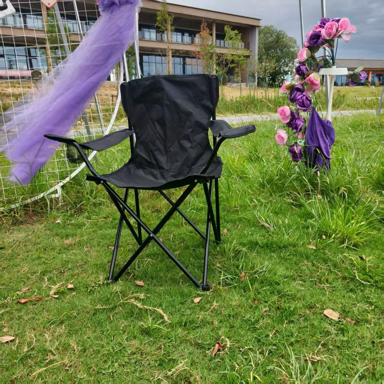 Portable Folding Camping Chair with Adjustable Backrest - Lightweight Outdoor Fishing & Picnic Chair, Durable Black Frame