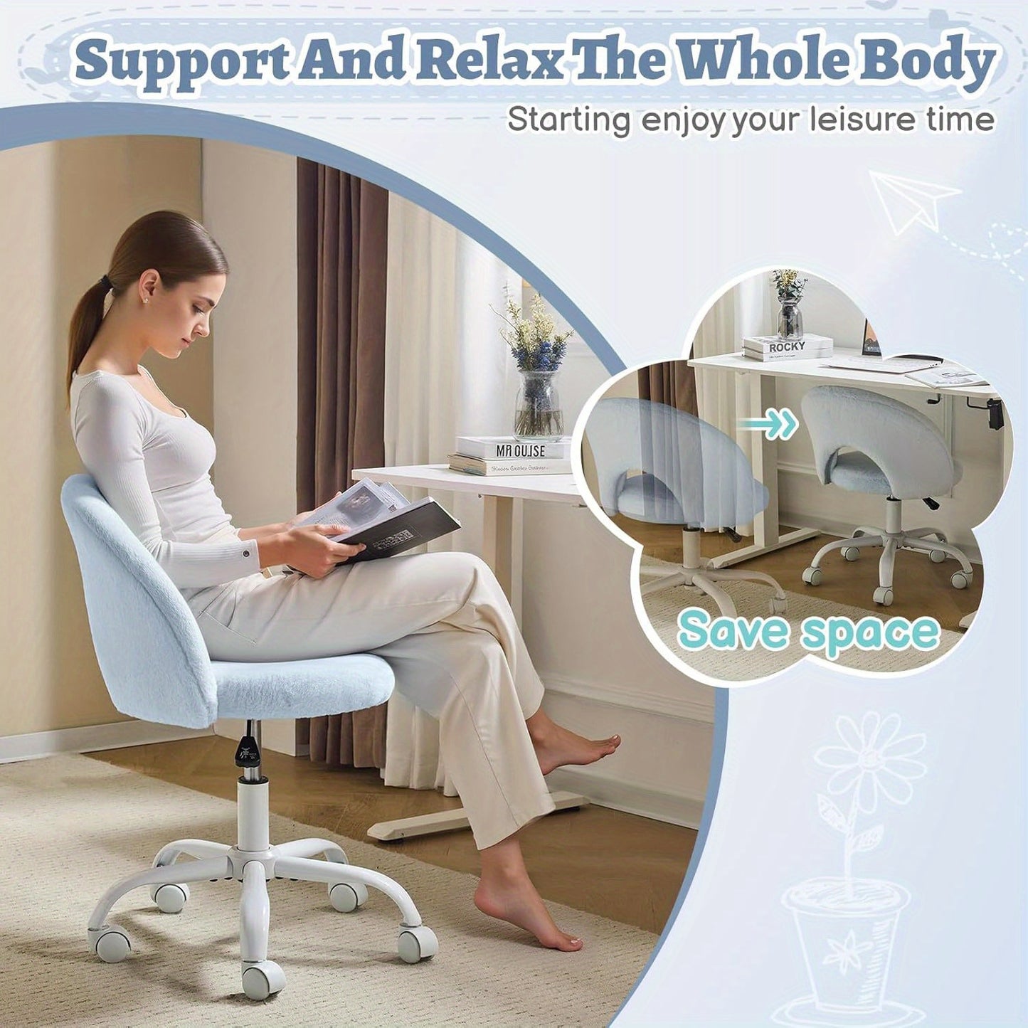 Small Size Living Room Lounge Chair with Faux Fur Cute Dressing Chair, Adjustable Height Armless Desk Chair, 360° Rotation and Comfortable Rolling, Suitable for Study,