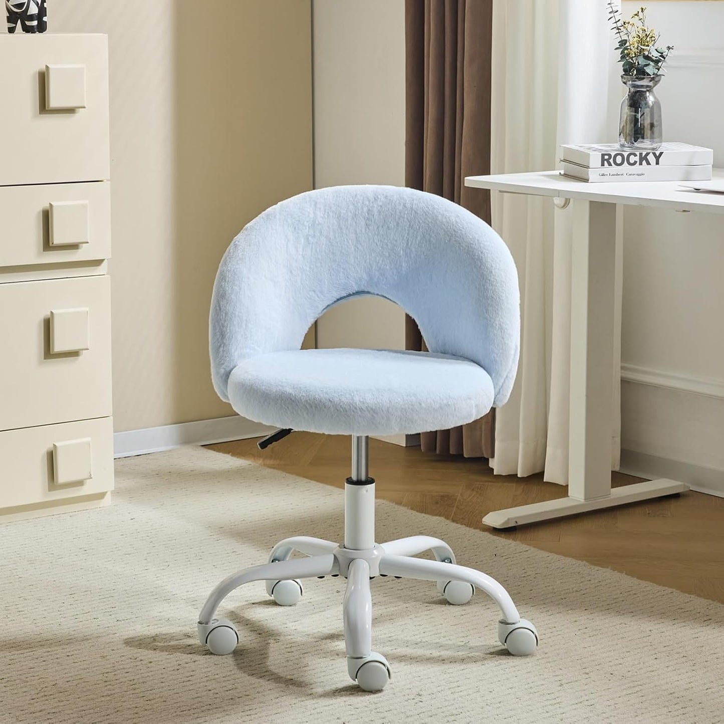 Small Size Living Room Lounge Chair with Faux Fur Cute Dressing Chair, Adjustable Height Armless Desk Chair, 360° Rotation and Comfortable Rolling, Suitable for Study,