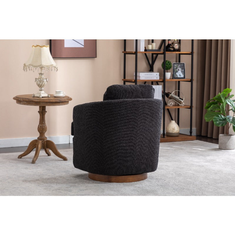 Modern Boucle Fabric Swivel Accent Chair - Black Upholstery, 360-Degree Swivel & Ergonomic Design, No Assembly Required, Solid Brown Base Legs for Living Room,