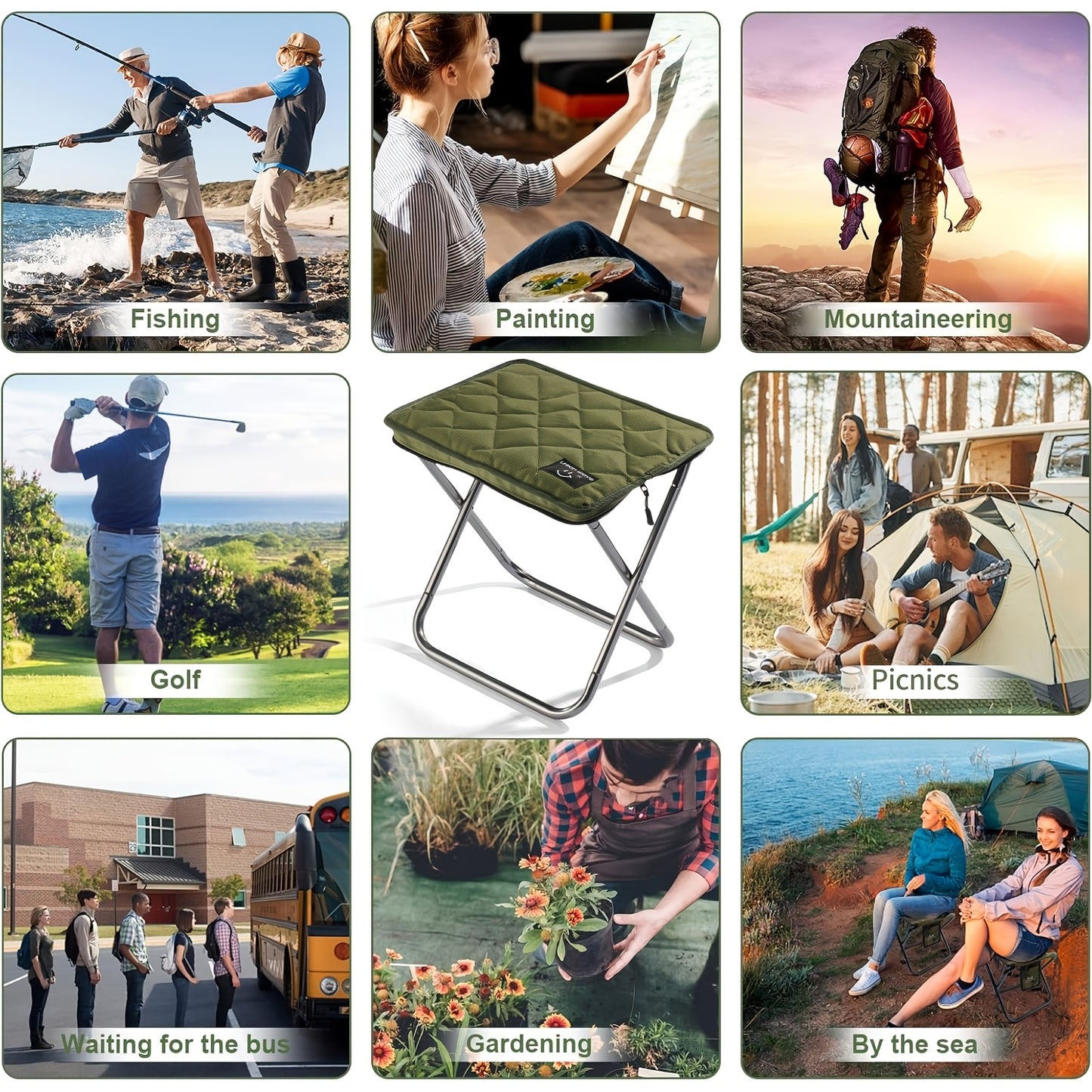 URBANWAVE Portable Folding Stool - Lightweight Aluminum Alloy Square Chair with Quilted Design, Ideal for Camping, Picnics, and Travel, Includes Carrying Bag,
