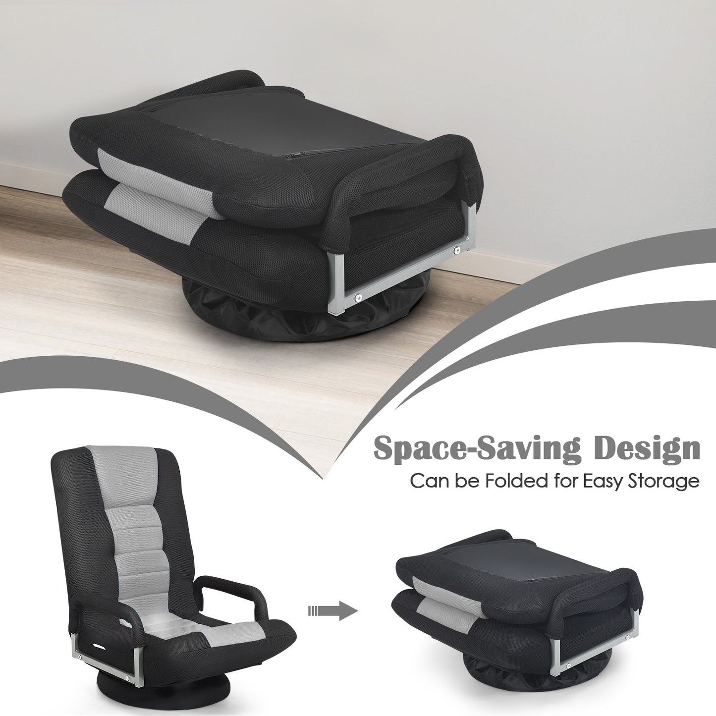 1pc LIFEZEAL Ergonomic Folding Gaming Chair, 5-Position Adjustable Backrest, Metal Frame, Mesh Weave, Swivel Lazy Sofa for Relaxation, Meditation,