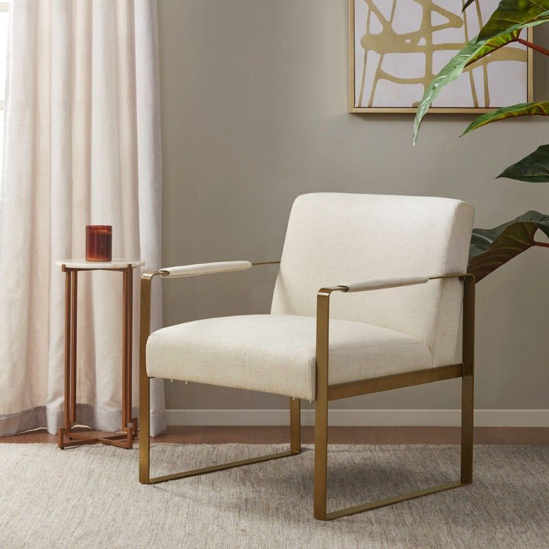 2025 Accent Chair - Modern Minimalist Design with Golden Accents, Elegant White Fabric & Metal Frame, Perfect for Living Room or Office Decor, No Assembly Required,