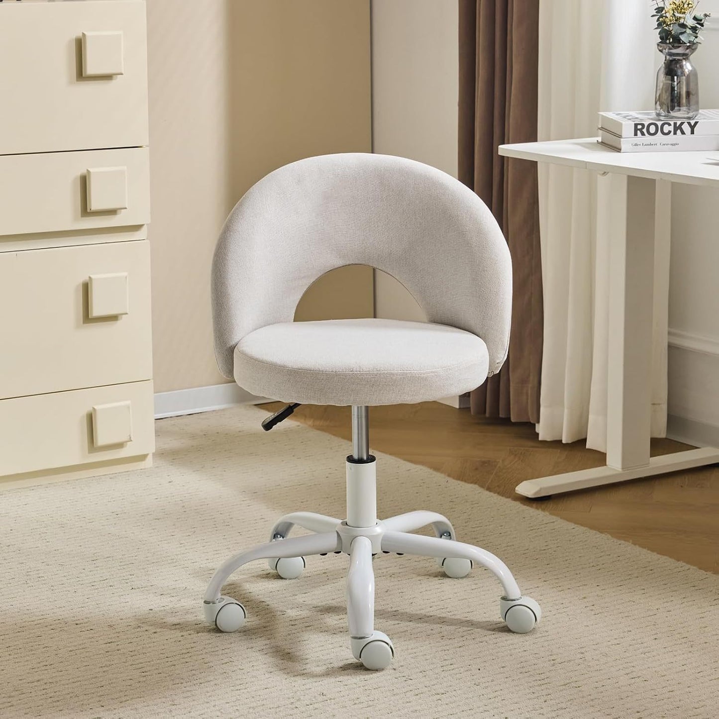 Small Size Living Room Lounge Chair with Faux Fur Cute Dressing Chair, Adjustable Height Armless Desk Chair, 360° Rotation and Comfortable Rolling, Suitable for Study,
