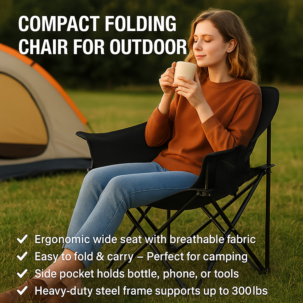 Foldable Black Outdoor Camping Chair with Thickened Oxford Fabric and Sturdy Steel Frame, Lightweight Anti-Slip Design, Suitable for Camping, Lakeside Fishing, Hiking,