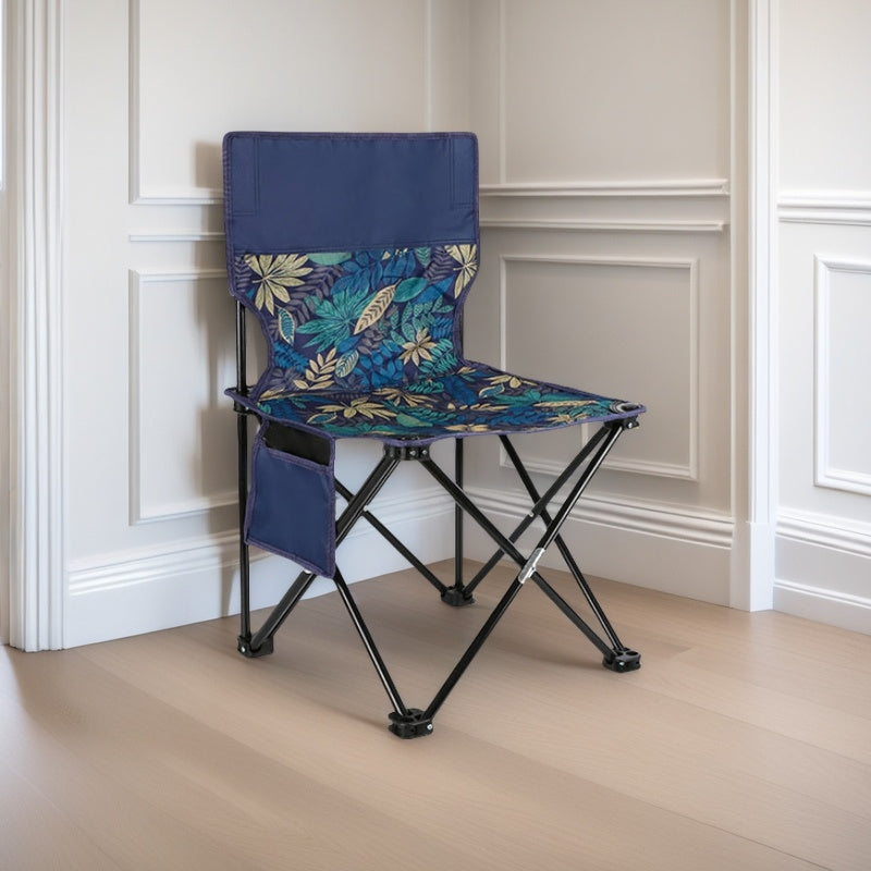 Portable Folding Camping Chair with Floral Backrest & Side Pockets - Lightweight Steel Frame, Durable Oxford Fabric, Compact Foldable Design for Outdoor Fishing,