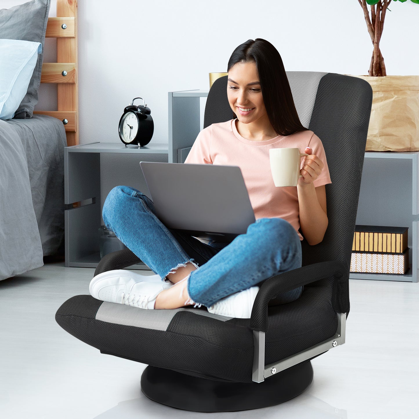 1pc LIFEZEAL Ergonomic Folding Gaming Chair, 5-Position Adjustable Backrest, Metal Frame, Mesh Weave, Swivel Lazy Sofa for Relaxation, Meditation,
