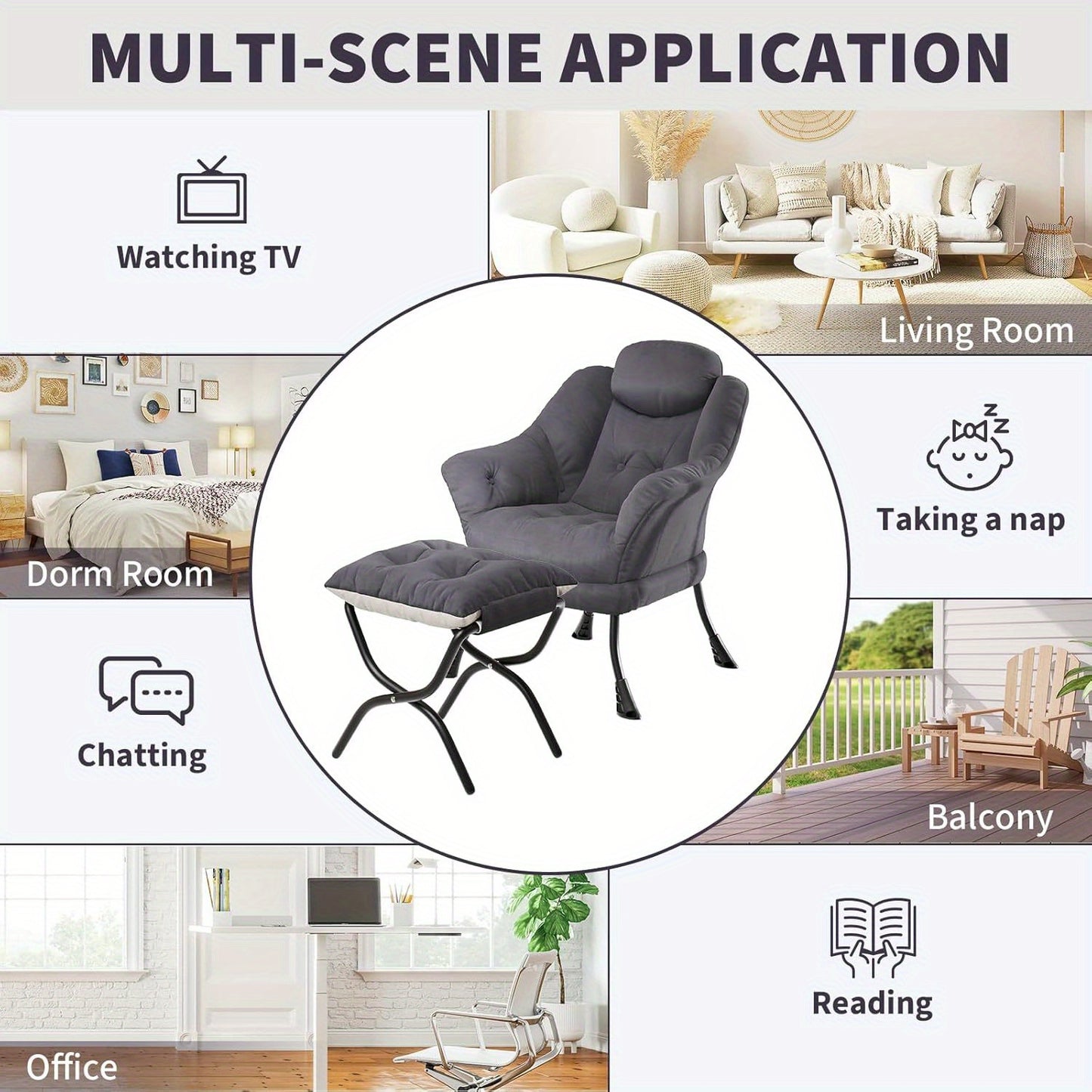 TOWALLMARK Modern Lazy Chair with Ottoman - Ergonomic Armrests, Side Pocket & Footrest, Hardwood Frame & Metal Base, Mixed Color Upholstery,