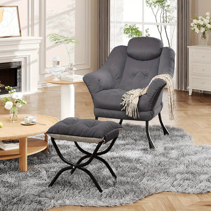 TOWALLMARK Modern Lazy Chair with Ottoman - Ergonomic Armrests, Side Pocket & Footrest, Hardwood Frame & Metal Base, Mixed Color Upholstery,