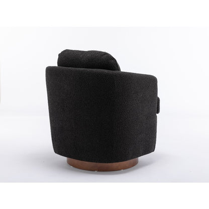 Modern Boucle Fabric Swivel Accent Chair - Black Upholstery, 360-Degree Swivel & Ergonomic Design, No Assembly Required, Solid Brown Base Legs for Living Room,