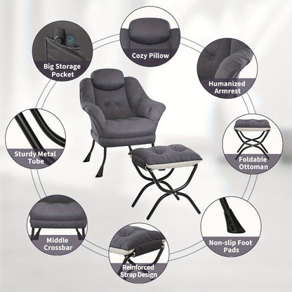 TOWALLMARK Modern Lazy Chair with Ottoman - Ergonomic Armrests, Side Pocket & Footrest, Hardwood Frame & Metal Base, Mixed Color Upholstery,