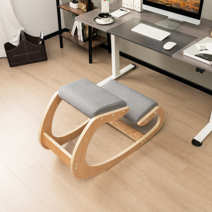 MAXMASS Ergonomic Kneeling Chair - Solid Wood Rocking Posture Stool with High-Density Sponge & Breathable Polyester Fabric, 330 lbs Capacity, Grey - Improves Posture,