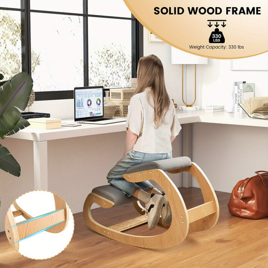 MAXMASS Ergonomic Kneeling Chair - Solid Wood Rocking Posture Stool with High-Density Sponge & Breathable Polyester Fabric, 330 lbs Capacity, Grey - Improves Posture,