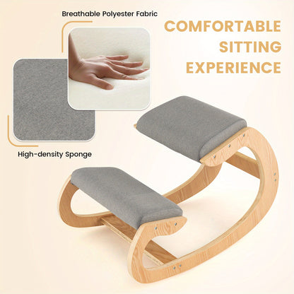 MAXMASS Ergonomic Kneeling Chair - Solid Wood Rocking Posture Stool with High-Density Sponge & Breathable Polyester Fabric, 330 lbs Capacity, Grey - Improves Posture,