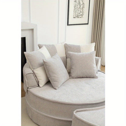 Soft Chenille Barrel Chair with 5 Pillows & Ottoman - Oversized Round Accent Lounge Sofa, Retro Style Plush Gray Fabric, Durable Non-Wood Construction for Living Room, Bedroom, Reading Nook
