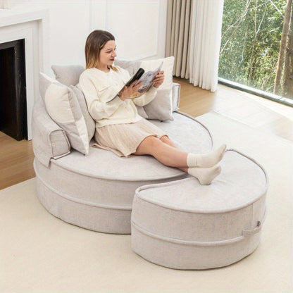 Soft Chenille Barrel Chair with 5 Pillows & Ottoman - Oversized Round Accent Lounge Sofa, Retro Style Plush Gray Fabric, Durable Non-Wood Construction for Living Room, Bedroom, Reading Nook