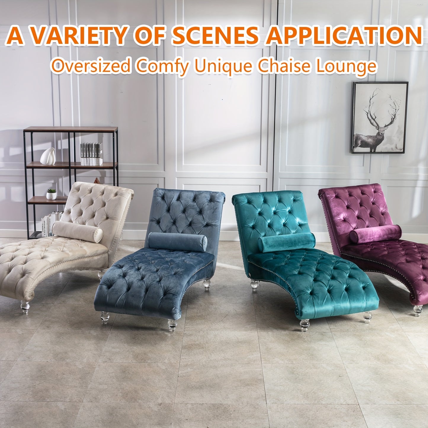 Velvet Chaise Lounge Indoor, Button-Tufted Upholstered Chaise Lounge Chair with Pillow for Bedroom Living Room Office