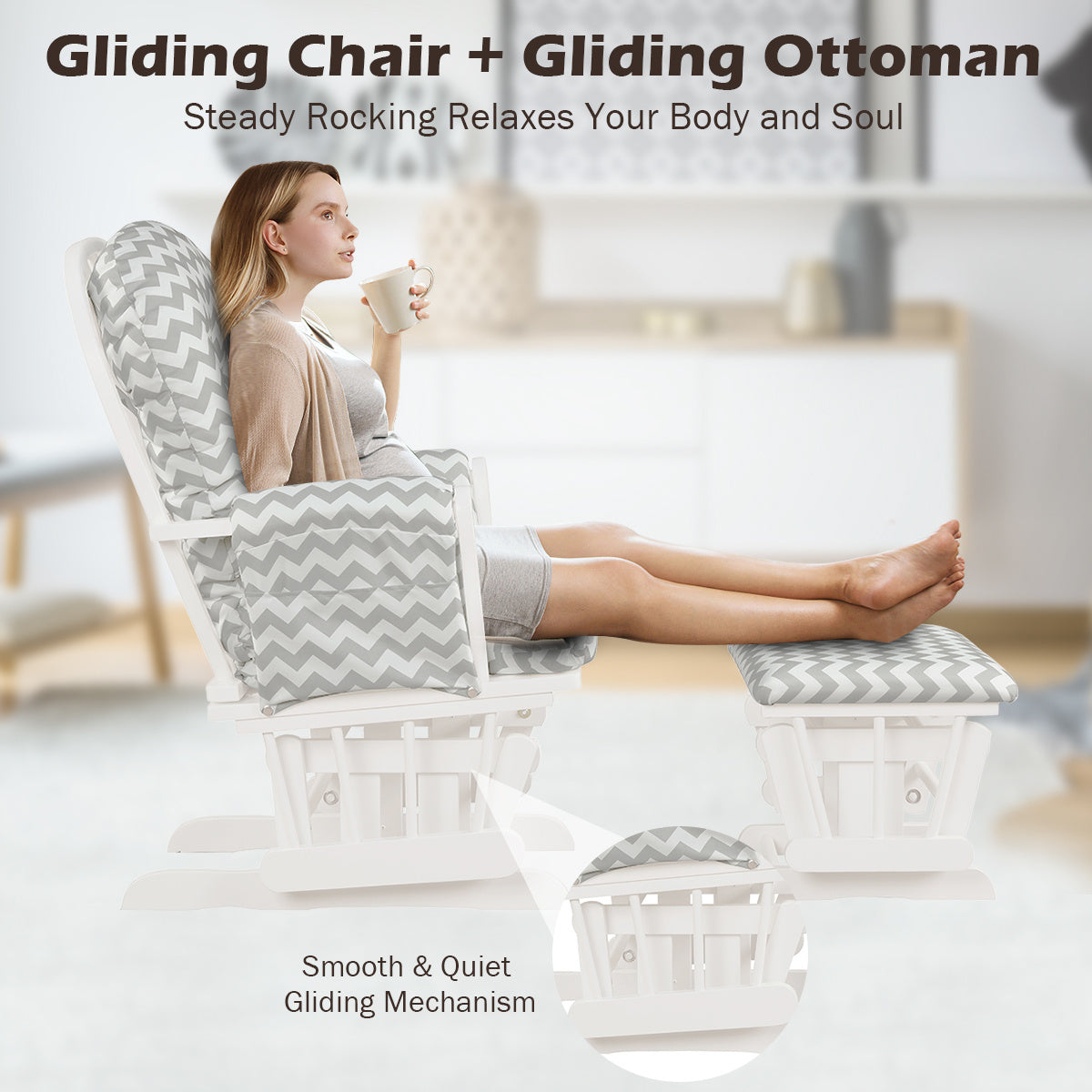 MAXMASS Glider and Ottoman Set, Rocking Chair & Ottoman Set with Solid Wooden Frame & Smooth Rocking Motion, Detachable Padded Cushion with Storage Pocket,
