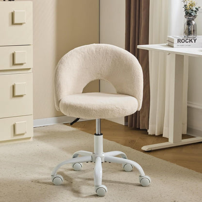 Small Size Living Room Lounge Chair with Faux Fur Cute Dressing Chair, Adjustable Height Armless Desk Chair, 360° Rotation and Comfortable Rolling, Suitable for Study,