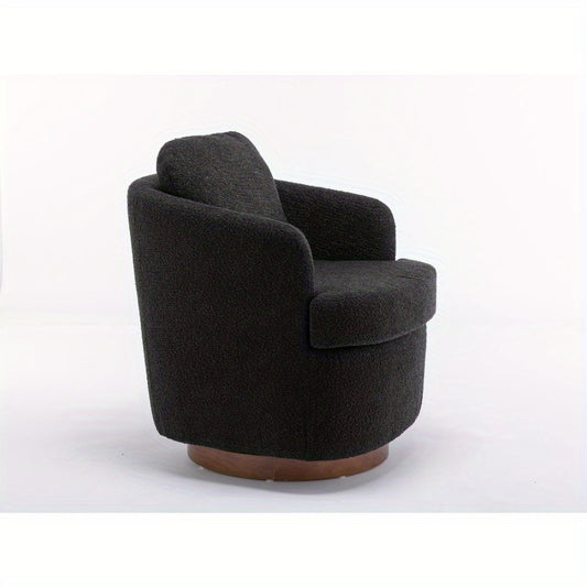 Modern Boucle Fabric Swivel Accent Chair - Black Upholstery, 360-Degree Swivel & Ergonomic Design, No Assembly Required, Solid Brown Base Legs for Living Room,