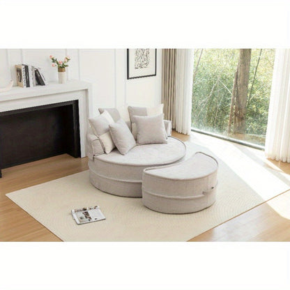 Soft Chenille Barrel Chair with 5 Pillows & Ottoman - Oversized Round Accent Lounge Sofa, Retro Style Plush Gray Fabric, Durable Non-Wood Construction for Living Room, Bedroom, Reading Nook