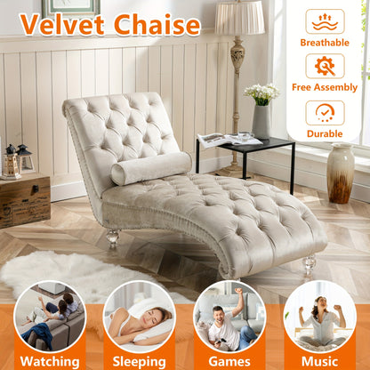 Velvet Chaise Lounge Indoor, Button-Tufted Upholstered Chaise Lounge Chair with Pillow for Bedroom Living Room Office