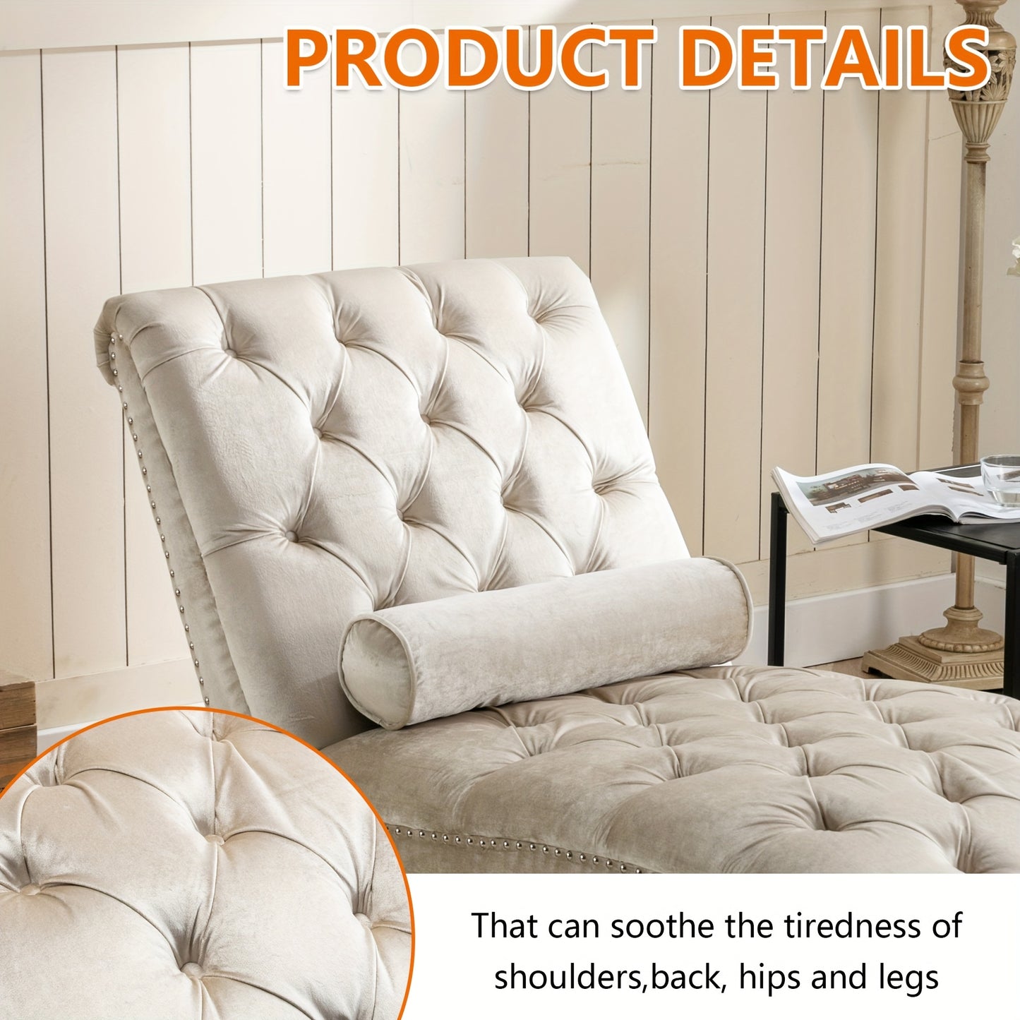 Velvet Chaise Lounge Indoor, Button-Tufted Upholstered Chaise Lounge Chair with Pillow for Bedroom Living Room Office