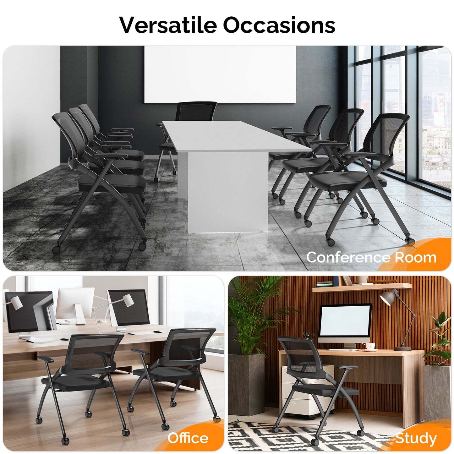 LEADZM Conference Room Chair Folding Office Chair Stackable Side Chair with Wheels and Adjustable Armrest For Home Meeting Furniture 2 Pack, Black