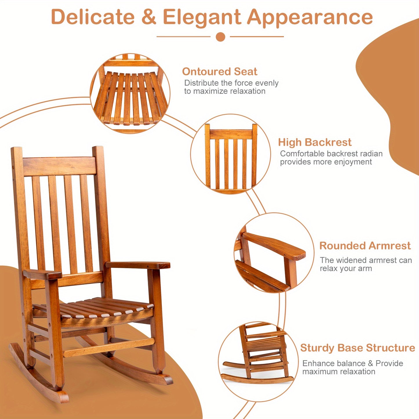 Original Wood Color, Poplar Wood, Square, Straight And Small, Wooden Rocking Chair