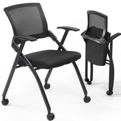 LEADZM Conference Room Chair Folding Office Chair Stackable Side Chair with Wheels and Adjustable Armrest For Home Meeting Furniture 2 Pack, Black
