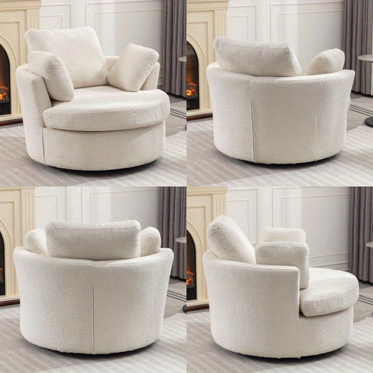 Extra Large 360° Swivel Chair - Cozy Club Style with 3 Pillows, Beige Fabric, Round Design for Living Room, Lounge, or Hotel Use, 40.2D X 42.1W X 34.3H Inch,